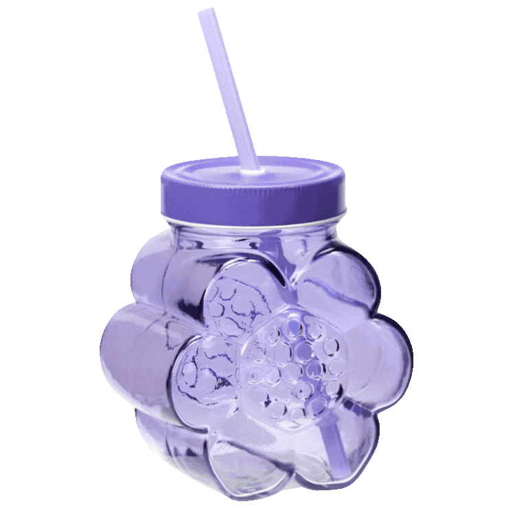 Four translucent flower-shaped plastic drinking cups in purple, green, yellow and pink with screw lids and straws on white background