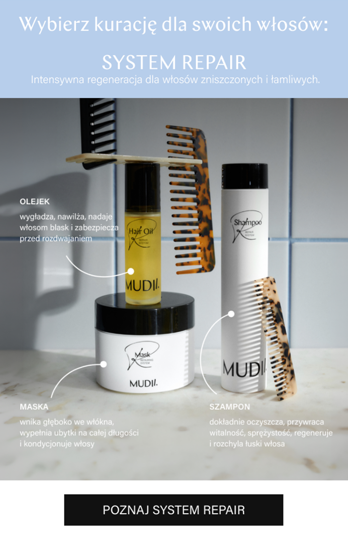 MUDI System Repair hair trio – shampoo, mask and hair oil with tortoiseshell combs on marble surface, for damaged hair repair