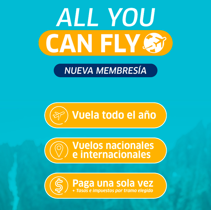 Promotional banner: 'All You Can Fly' new membership — fly all year, national and international flights with a one-time payment