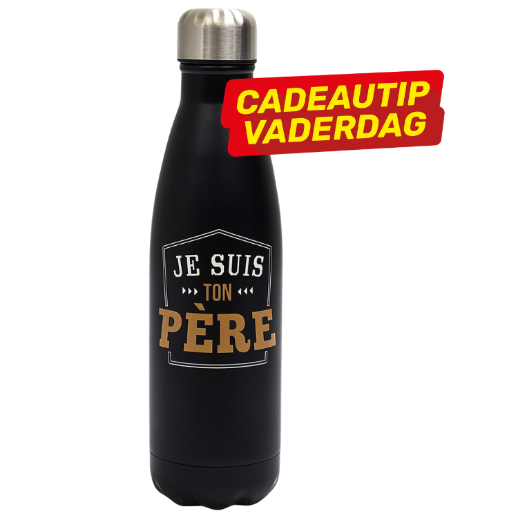 Black stainless steel insulated bottle printed 'Je suis ton père', Father's Day gift idea sticker, travel water bottle