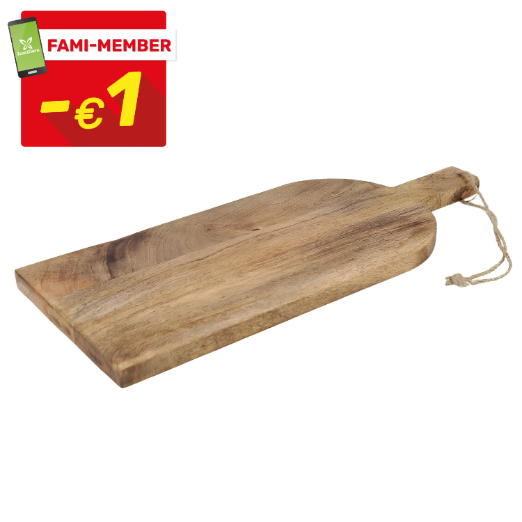 Solid wooden chopping and serving board with handle and hanging rope, shown with red Fami-member badge offering €1 off