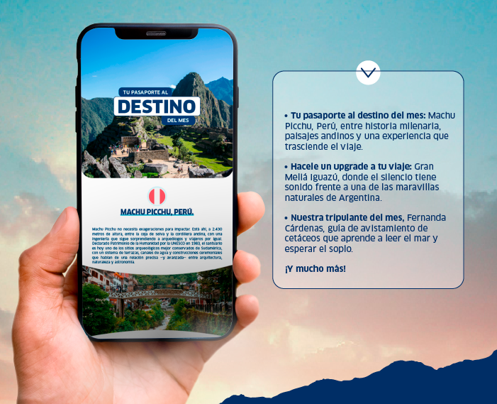 Hand holding smartphone displaying a Machu Picchu, Peru travel promotion with promotional text and bullet-point list on the right