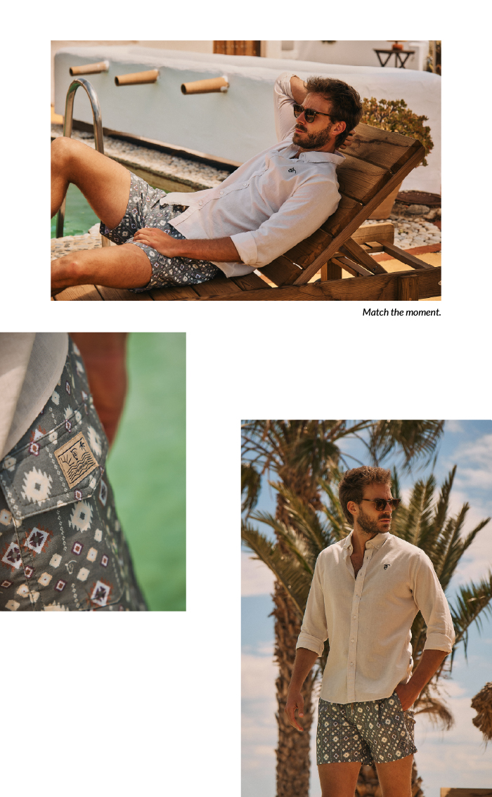 Collage de tres imagenes del tercer look, compuesto por camisa de lino beige, bañador mapuche salvia y alpargatas nautico arena.
