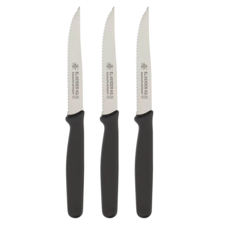 Set of three serrated steak knives with stainless steel blades and black ergonomic handles, ideal for cutting meat