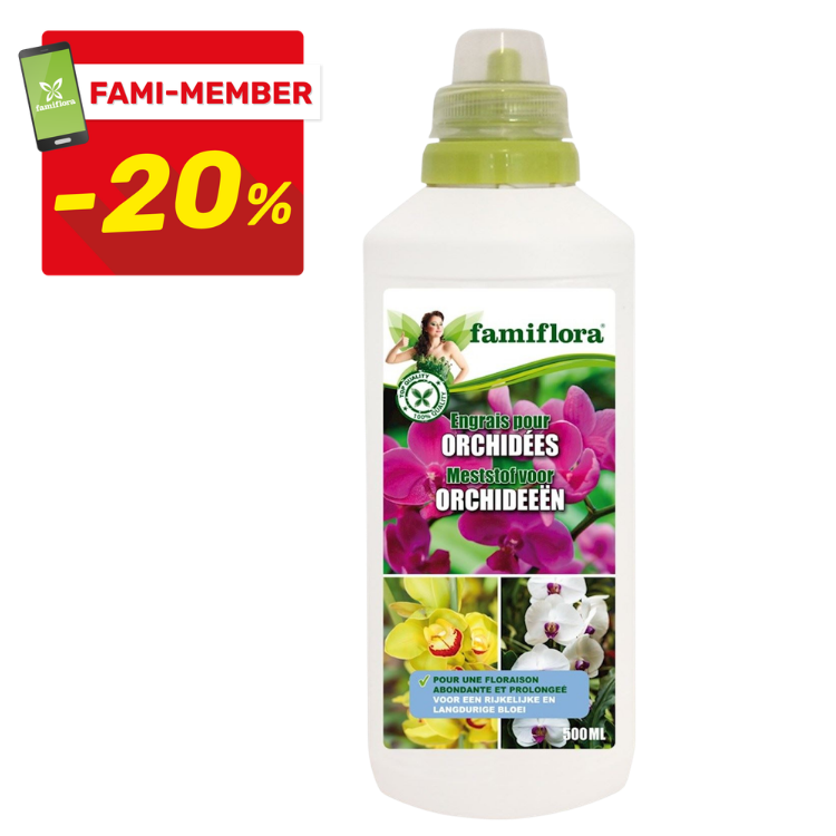 Bottle of Famiflora 500ml orchid fertiliser with pink orchid label and yellow-green cap, Fami-Member -20% discount badge