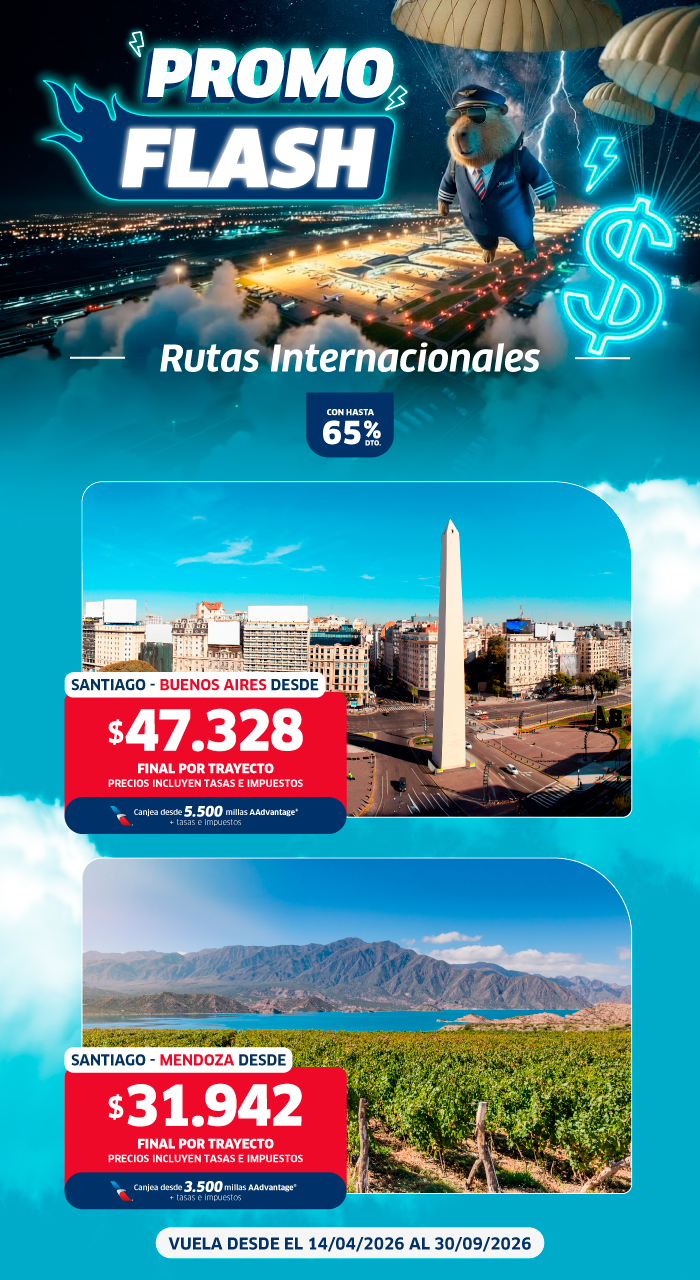 Promo Flash international routes banner: Santiago–Buenos Aires from 31,942; travel 14 Apr–30 Sep 2026