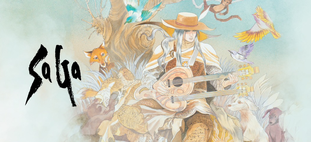 Illustration of robed musician in wide-brim hat playing double-necked lute among fox, birds and dogs beside a tree with 'SaGa' logo