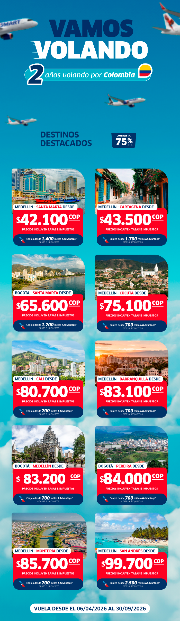 Airline promotion banner 'Vamos Volando' celebrating 2 years flying in Colombia, showing featured destination price cards, planes and Colombian flag