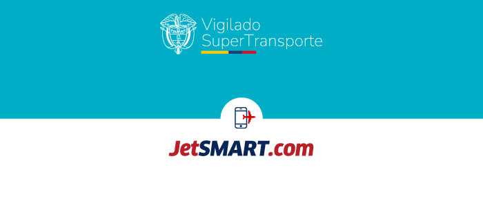 Blue header with government emblem and 'Vigilado SuperTransporte' text above a white panel showing the JetSMART.com logo