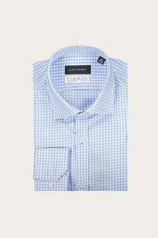 Folded light-blue gingham men's dress shirt with spread collar and buttoned cuff, ideal for smart-casual or office wear