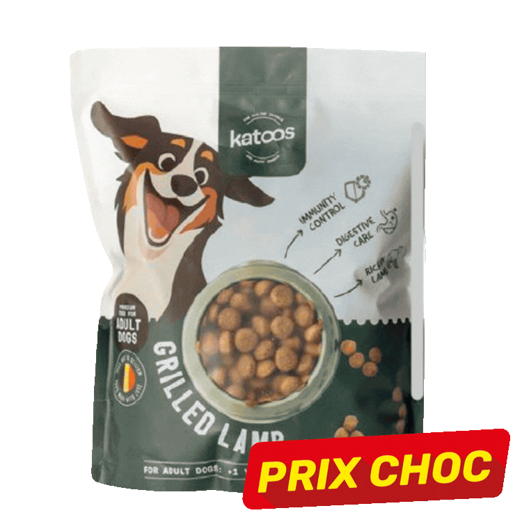 Four Katoos dog food bags showing different flavours with cartoon dog artwork and red 'PRIX CHOC' sale labels