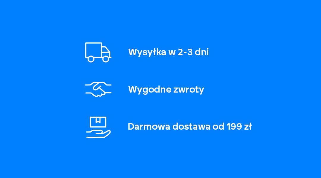 Icons showing fast shipping (2–3 days), easy returns and free delivery from 199 zł on a blue background