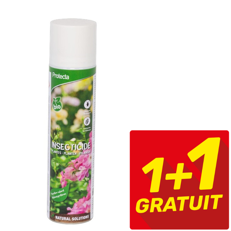 Tall aerosol can of Protecta bio insecticide for plants with pink flower label beside red '1+1 Gratuit' promotional badge