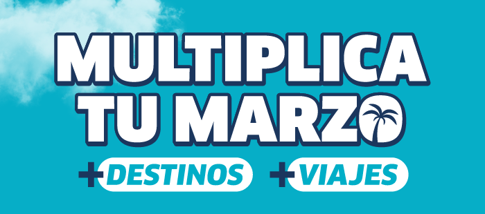 Promotional banner: 'Multiply your March' travel sale — more destinations and trips, palm icon on turquoise background