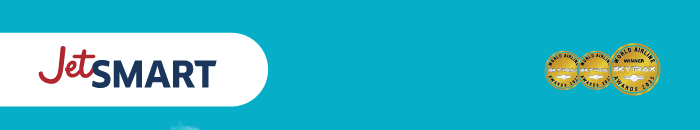 JetSMART logo on a turquoise background with two gold award medals on the right