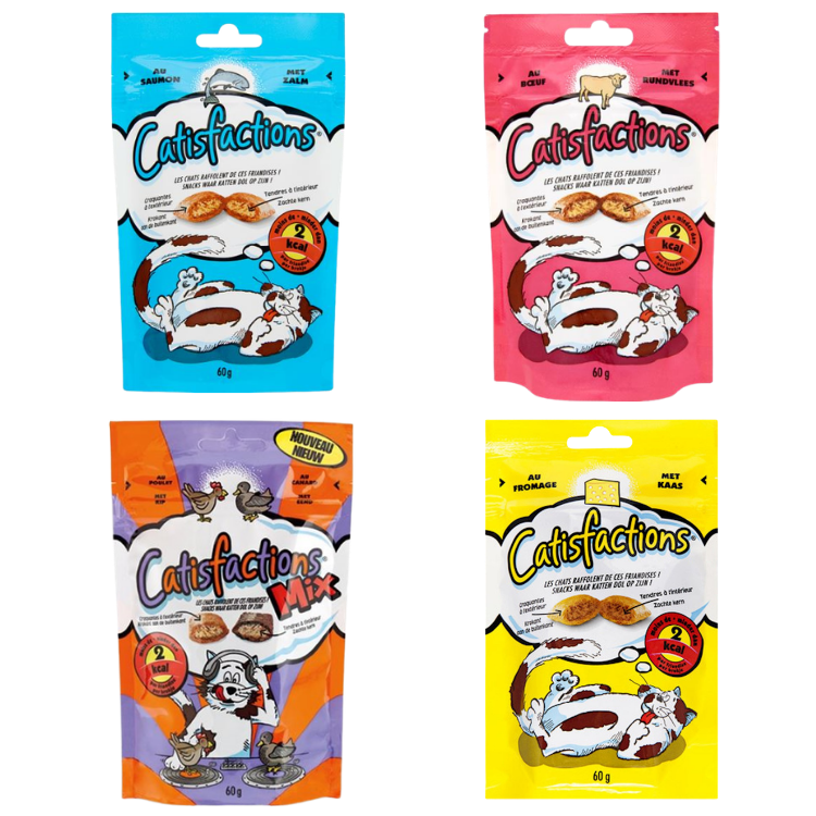 Four colourful Catisfactions cat treat pouches on white background — salmon (blue), beef (pink), mix (orange) and cheese (yellow) 60g