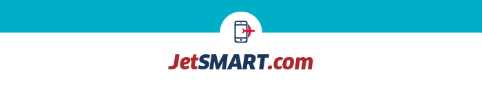 JetSMART.com logo featuring a mobile phone with a red aeroplane icon on a teal header