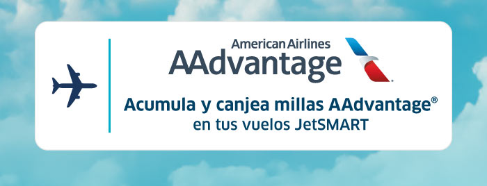 American Airlines AAdvantage logo with Spanish text 'Acumula y canjea millas AAdvantage en tus vuelos JetSMART' on clouds