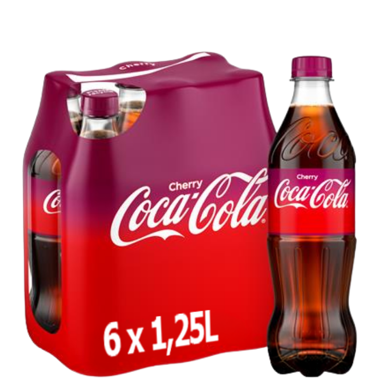 Six-pack of Cherry Coca-Cola 1.25L plastic bottles with one bottle displayed, red cherry-flavoured soft drink packaging
