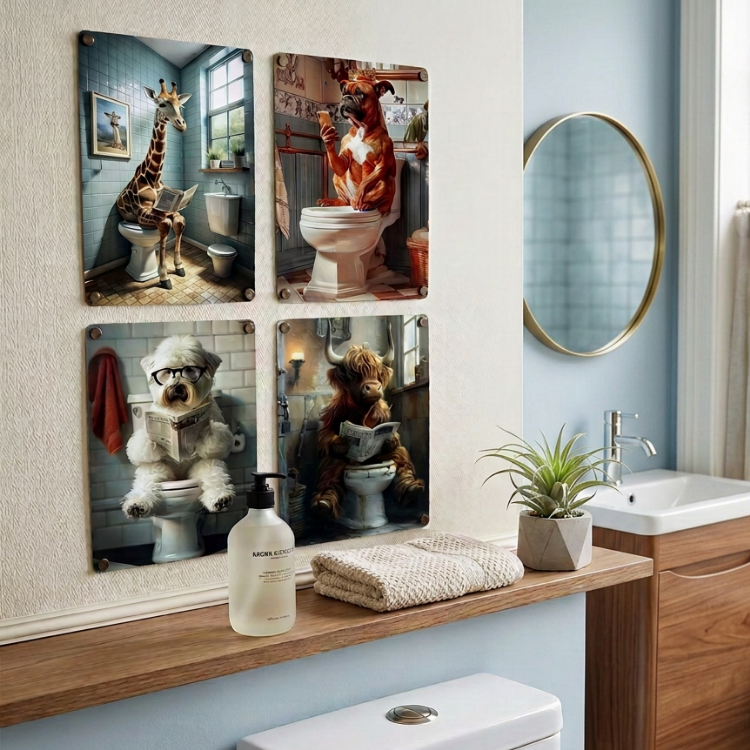 Bathroom wall art showing four whimsical prints of animals on toilets (giraffe, boxer dog, white fluffy dog, highland cow) above sink and mirror