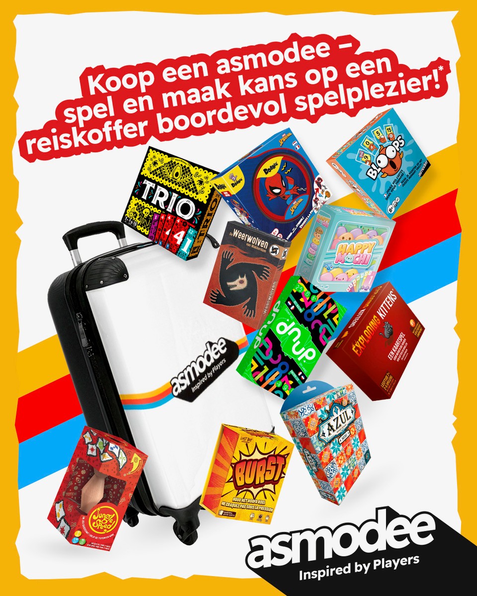 White Asmodee travel suitcase surrounded by colourful board game boxes with a red promotional banner offering a chance to win a prize