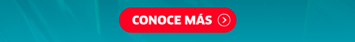 Red rounded call-to-action button labelled 'CONOCE MÁS' with a white chevron on a teal gradient background, meaning 'Find out more'.