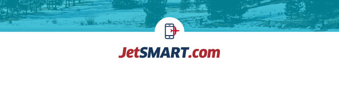 JetSMART.com logo featuring a red-and-blue suitcase icon over a snowy mountain landscape header