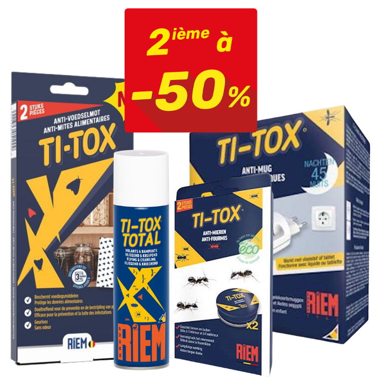 Assortment of TI-TOX insect control products (spray, bait, plug-in) with red "2nd at -50%" discount badge