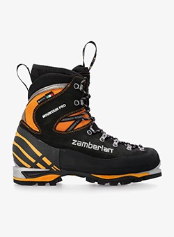 Zamberlan black and orange high-ankle mountaineering boot with durable lugged sole and visible side logo