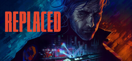 REPLACED game cover: grim, scarred man in neon-lit cyberpunk cityscape with futuristic skyline and flying vehicles