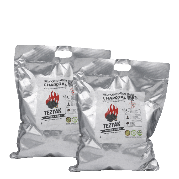 Nine silver bags of lump charcoal displayed in a 3x3 grid with red "GRATUIT pour Fami-members" promotional banners