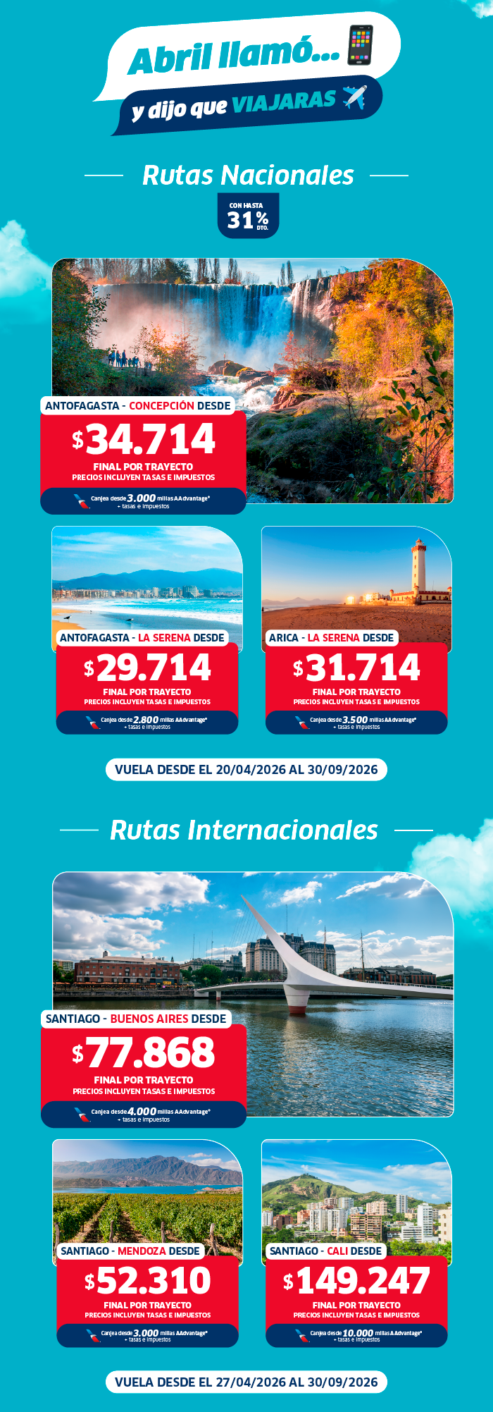 Promotional travel flyer showing national and international routes with scenic photos, sample fares (Antofagasta–Concepción $34,714) and travel dates Apr–Sep 2026