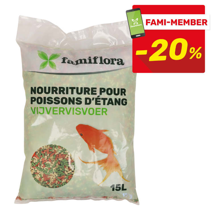 Bag of Famiflora pond fish food 15L featuring an orange goldfish image and red Fami‑Member -20% discount label