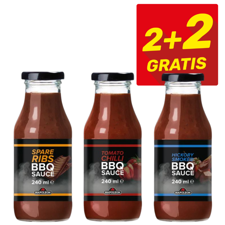 Three 240 ml Napoleon BBQ sauce bottles (Spare Ribs, Tomato Chilli, Hickory Smoker) with red '2+2 GRATIS' promotional badge