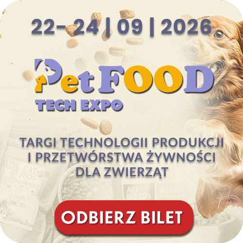 Banner for PetFOOD Tech Expo 22–24 Sep 2026 showing a dog, flying kibble and Polish text about animal food production; 'Odbierz bilet' button