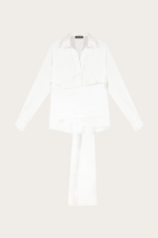 White collared long-sleeve wrap shirt with asymmetric hem and long sash tie, women's tailored cotton-blend top