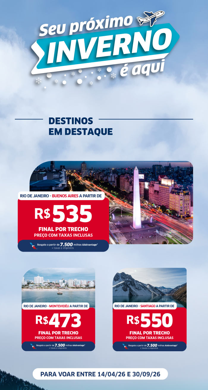 Winter travel poster showing Buenos Aires obelisk and offers from Rio to Buenos Aires, Montevideo and Santiago with prices R473, R$550; travel Apr–Sep 2026