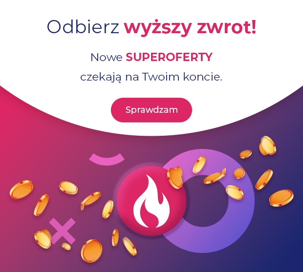 Po prawej stronie grafiki widoczne są złote monety i ikona płomienia nawiązującego do SUPEROFERT.