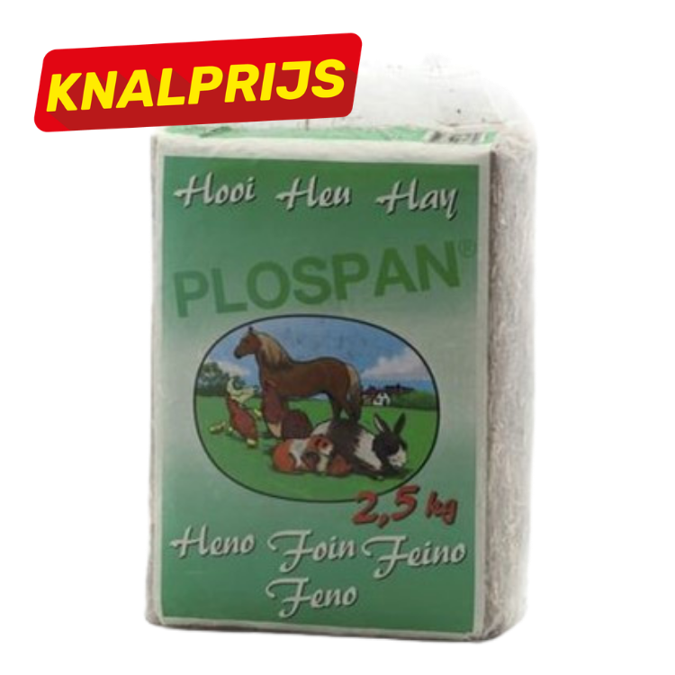 Small 2.5 kg Plospan hay bale for horses, rabbits and guinea pigs, green packaging with farm animals illustration and sale badge