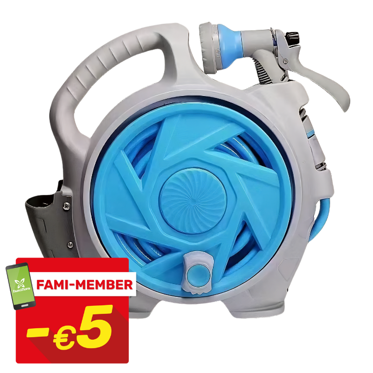 Portable blue and grey retractable garden hose reel with spray nozzle and handle, shown with red FAMI-MEMBER discount badge -€5