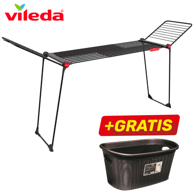 Vileda black foldable clothes airer with extendable wings and free brown rattan-style laundry basket