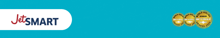 JetSMART airline logo on turquoise background with three gold World Airline Awards badges