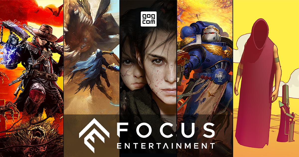 Collage of five video game character artworks with GOG.com label above and Focus Entertainment logo below, colourful fantasy and sci‑fi scenes