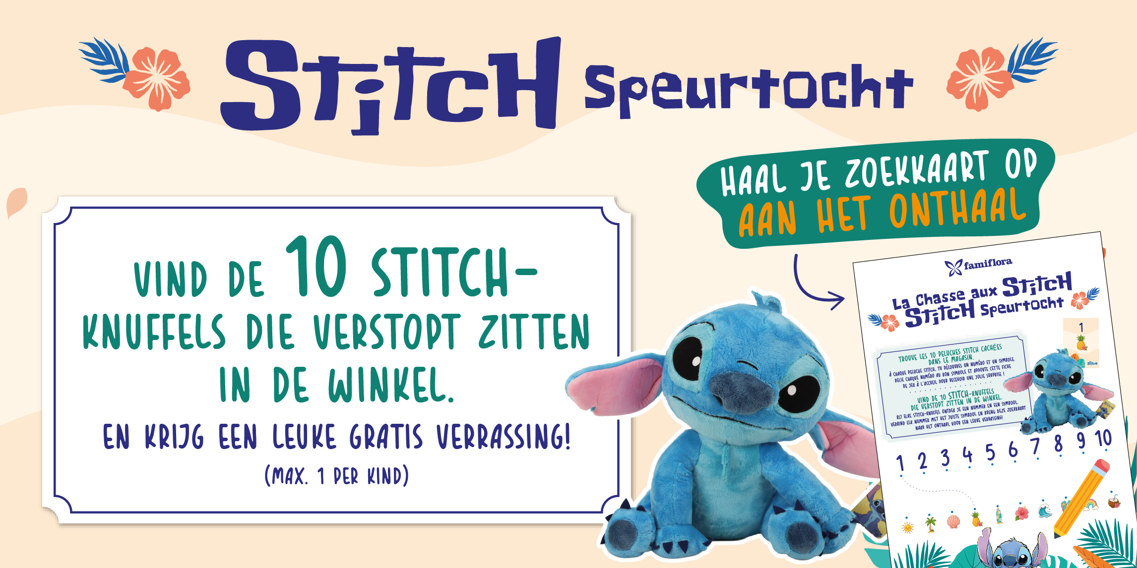 Poster for a Stitch toy hunt with a blue Stitch plush and search card inviting shoppers to find 10 hidden Stitch toys
