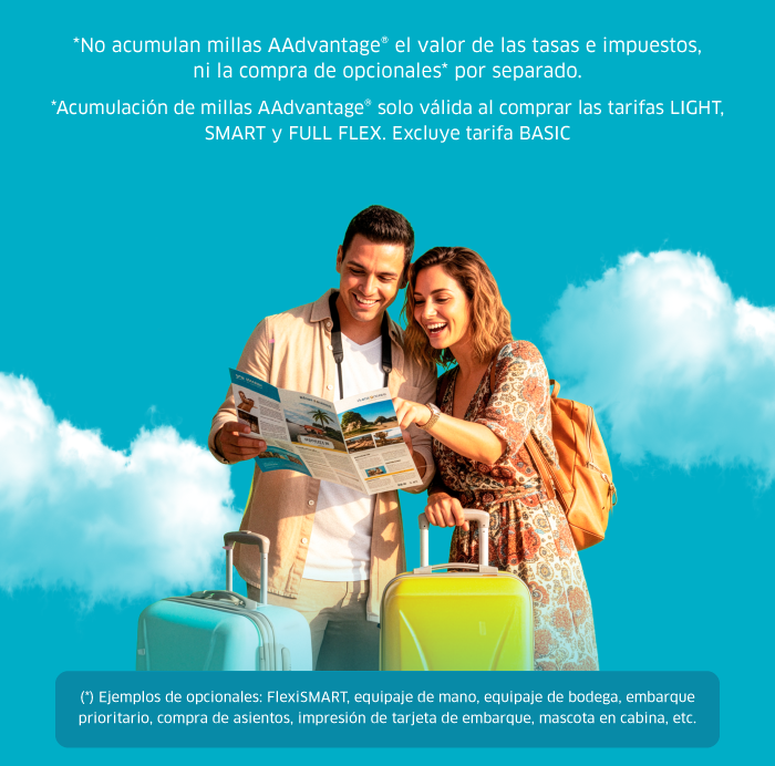 Smiling couple with colourful suitcases reading a travel brochure against a turquoise sky with clouds