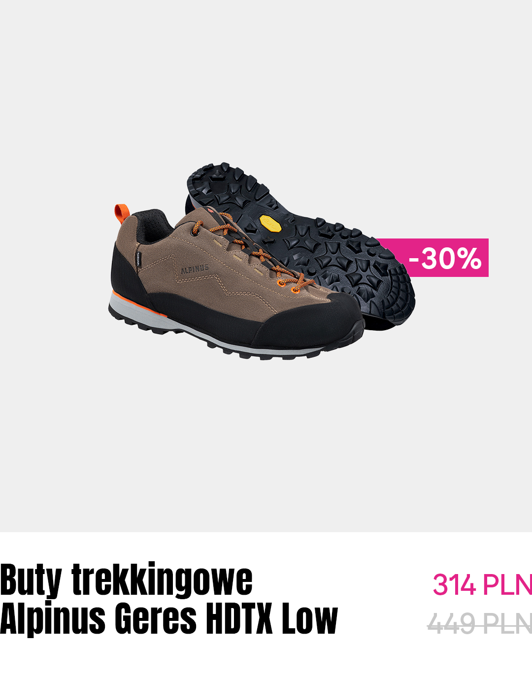 Pair of Alpinus Geres HDTX Low brown and black trekking shoes with rugged Vibram sole and orange accents, 30% off badge