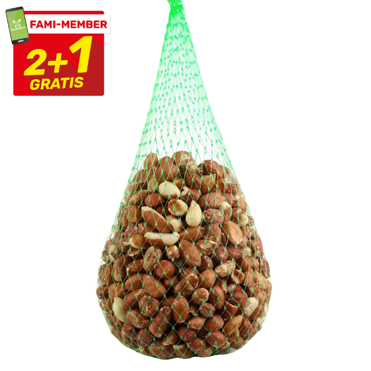Green net bag of unshelled peanuts hanging with red Fami-Member 2+1 gratis promotional label