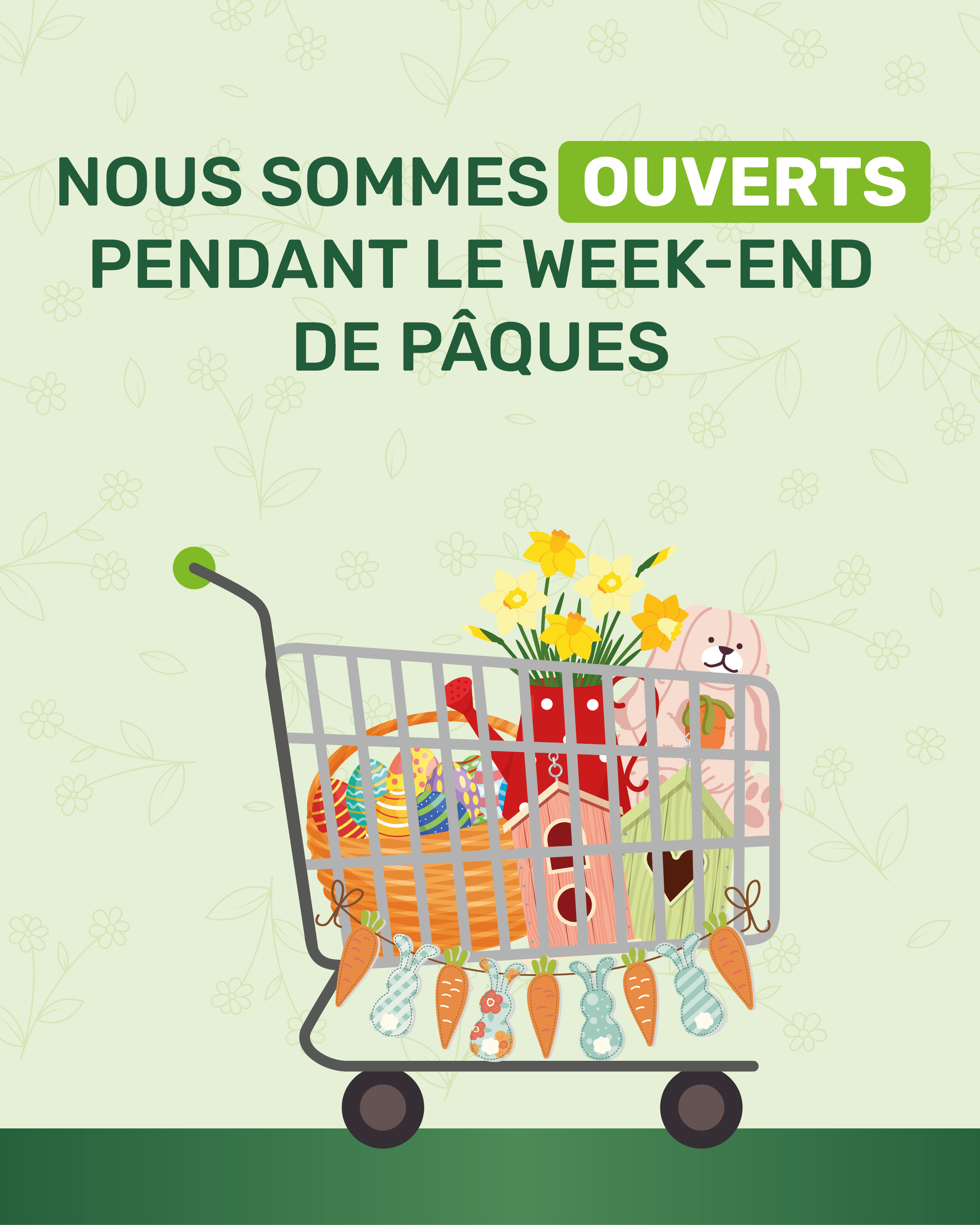 Easter shopping trolley with daffodils, decorated eggs, toys and carrot bunting; banner reads 'We are open during the Easter weekend'