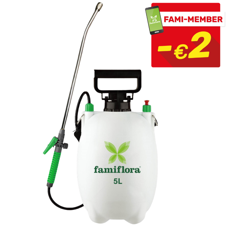 White 5L Famiflora garden pump sprayer with green handle and long metal wand, shown with red 'Fami‑Member -€2' promo badge
