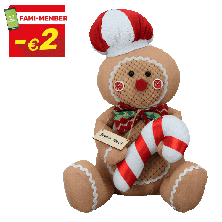 Three gingerbread plush toys wearing festive hats and scarves, holding candy canes and a stocking, with red 'Fami‑member -€2' sale labels